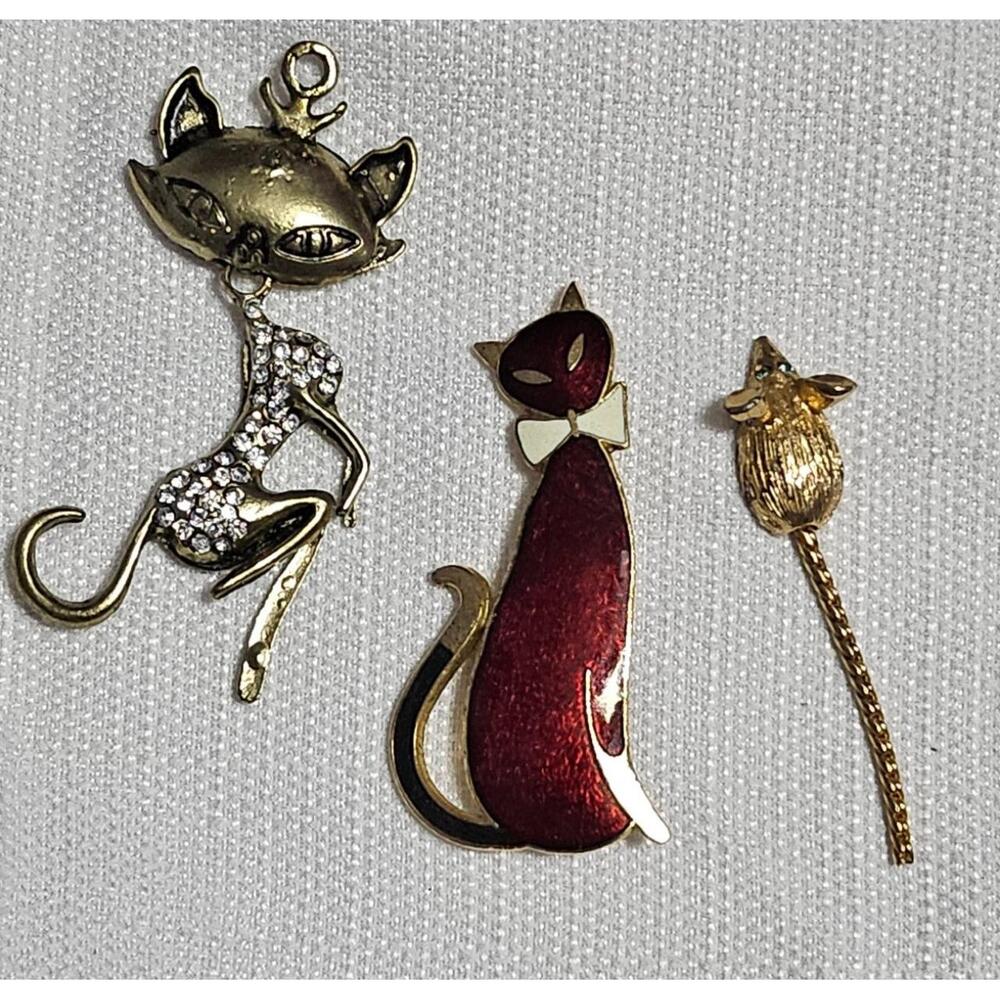 Vtg Kitty Cats & Mouse Brooches‎ Pins Set Gold & Silver Tone w/ Rhinestone lot